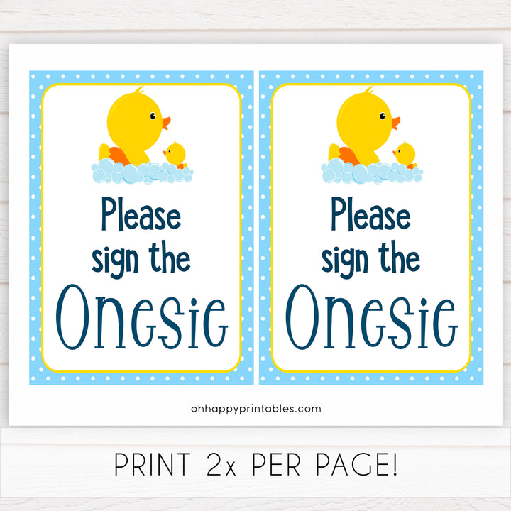 Rubber ducky baby shower, please sign the onesie sign, printable baby shower games, fun baby games, rubber ducky baby games