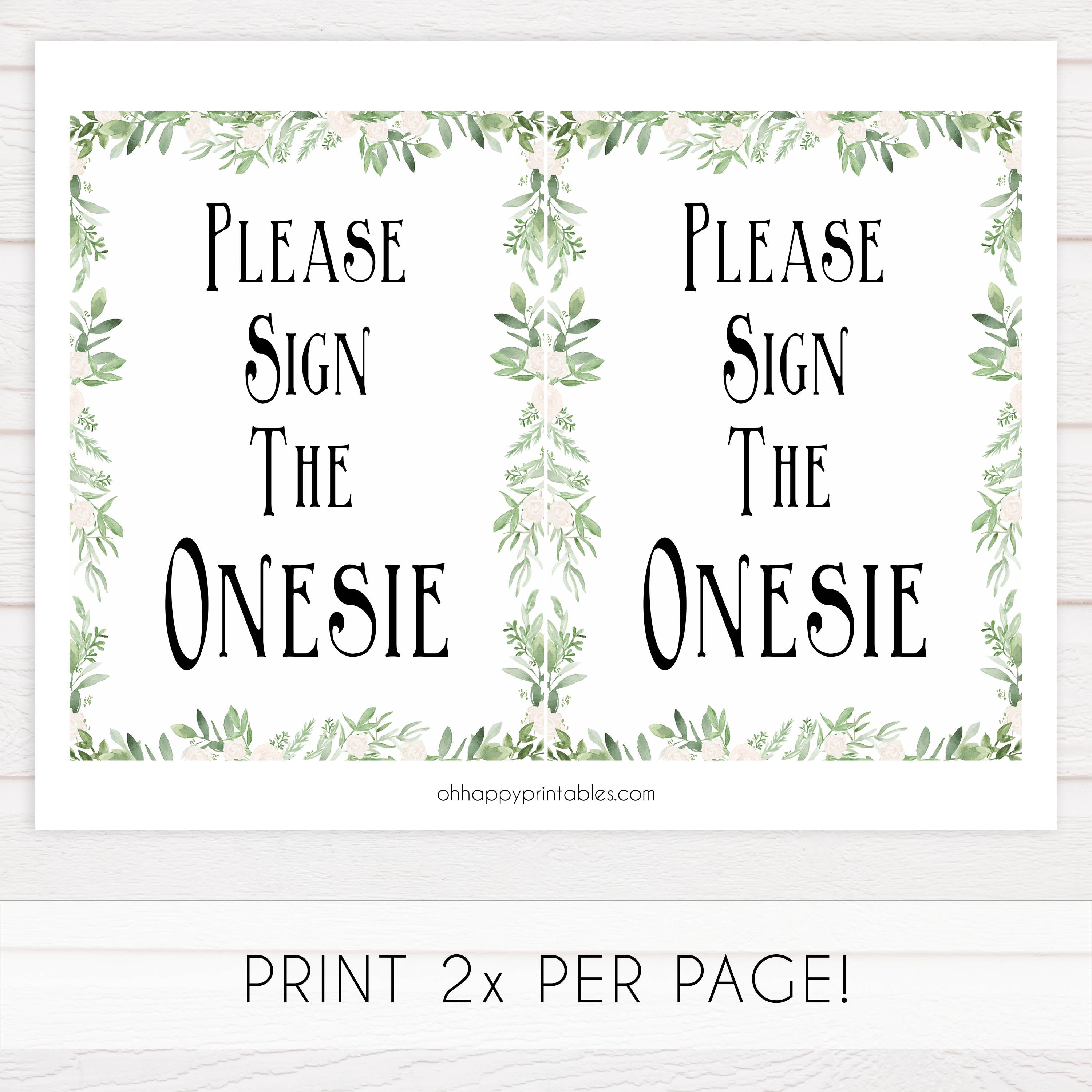 Please sign the onesie sign, Printable baby shower games, greenery baby shower games, fun floral baby games, botanical baby shower games,
