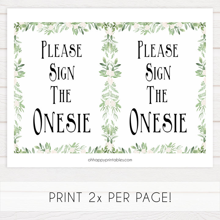 Please sign the onesie sign, Printable baby shower games, greenery baby shower games, fun floral baby games, botanical baby shower games,