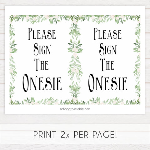 Please sign the onesie sign, Printable baby shower games, greenery baby shower games, fun floral baby games, botanical baby shower games,