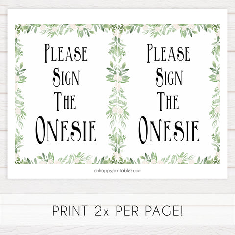 Please sign the onesie sign, Printable baby shower games, greenery baby shower games, fun floral baby games, botanical baby shower games,