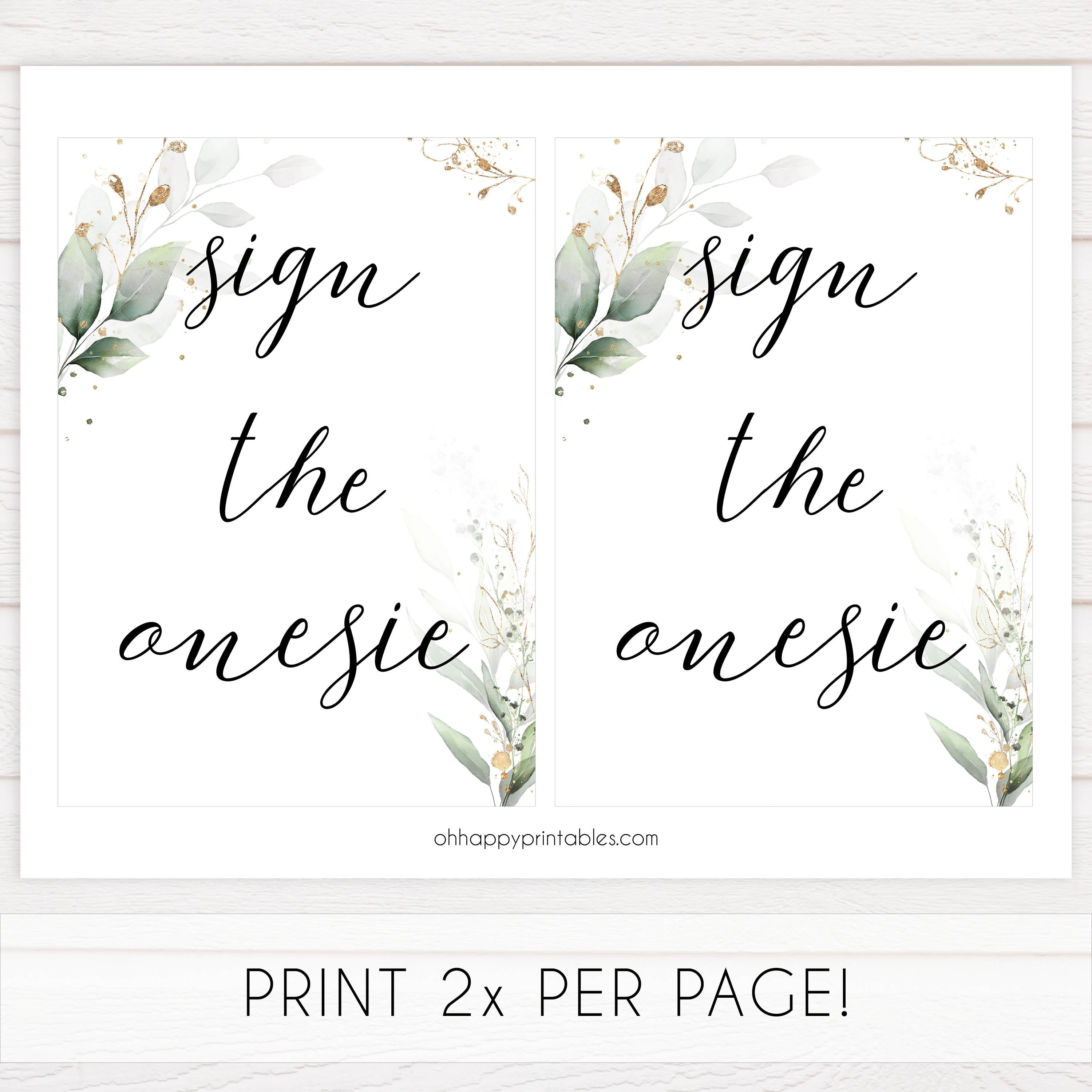 Gold green leaf baby signs, sign the onesie, printable baby shower decor, fun baby signs, top baby games to play, gold leaf baby shower decor, greenery baby shower ideas