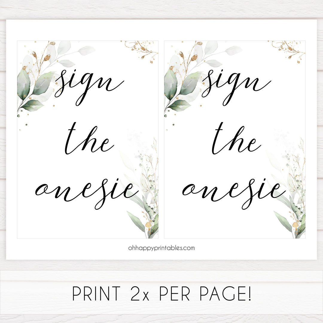 Gold green leaf baby signs, sign the onesie, printable baby shower decor, fun baby signs, top baby games to play, gold leaf baby shower decor, greenery baby shower ideas