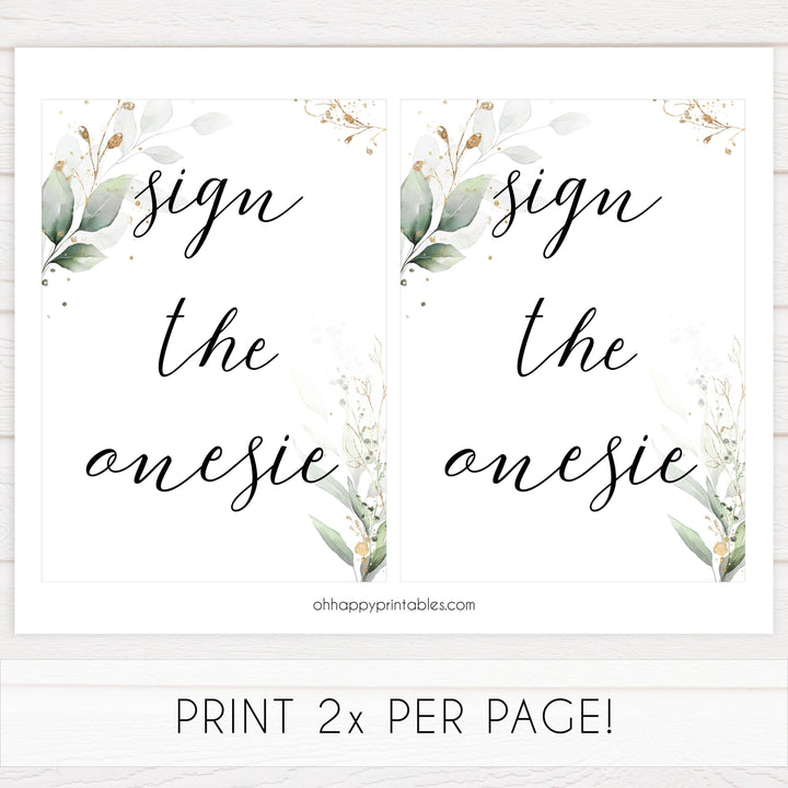 Gold green leaf baby signs, sign the onesie, printable baby shower decor, fun baby signs, top baby games to play, gold leaf baby shower decor, greenery baby shower ideas