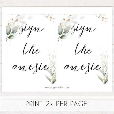 Gold green leaf baby signs, sign the onesie, printable baby shower decor, fun baby signs, top baby games to play, gold leaf baby shower decor, greenery baby shower ideas