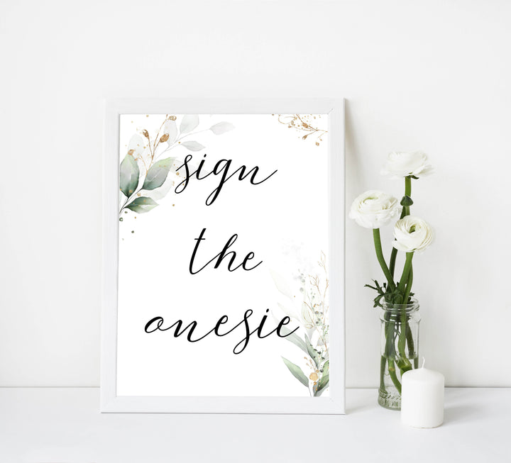 Gold green leaf baby signs, sign the onesie, printable baby shower decor, fun baby signs, top baby games to play, gold leaf baby shower decor, greenery baby shower ideas