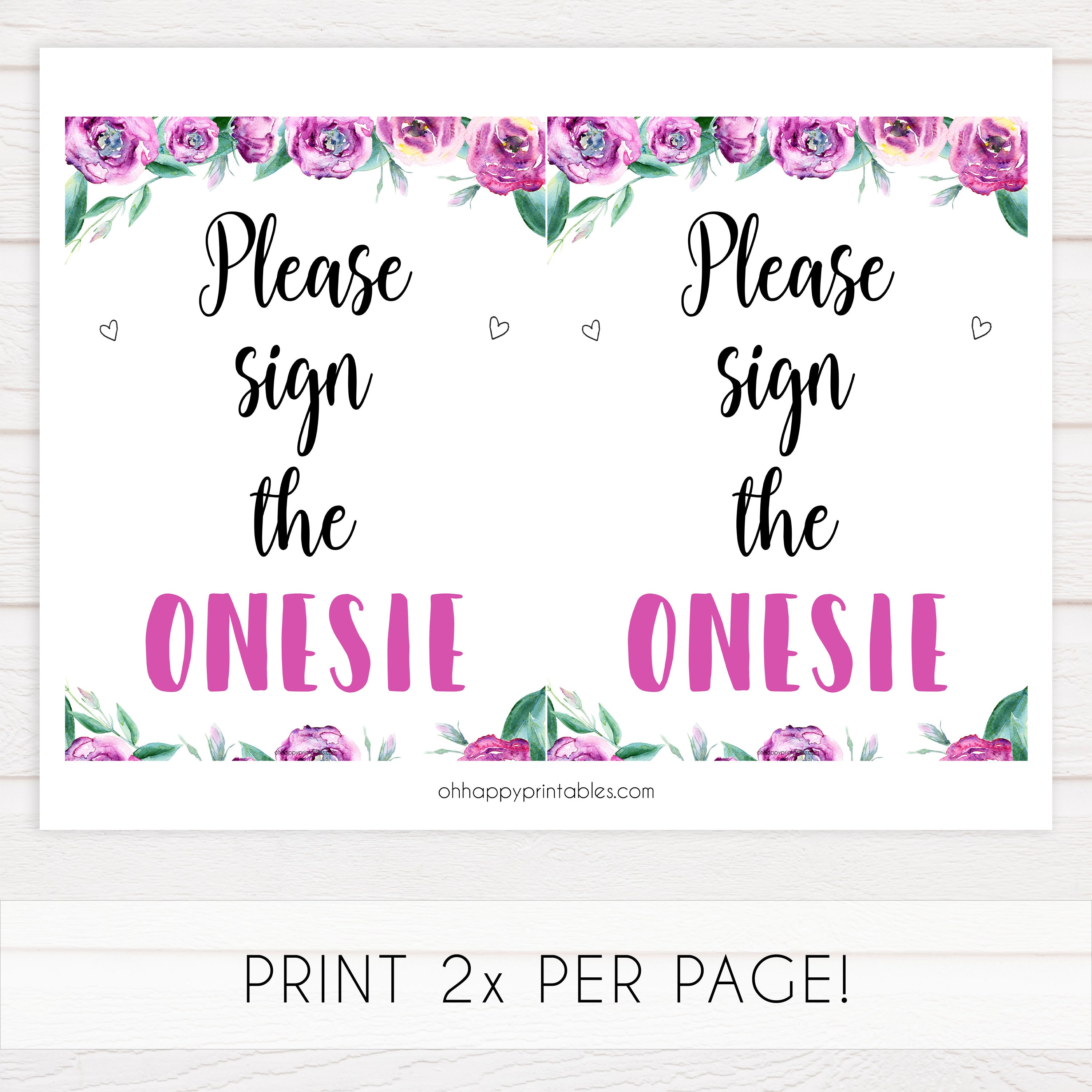 please sign the onesie sign, printable baby shower signs, fun baby shower games, purple peonies baby shower ideas