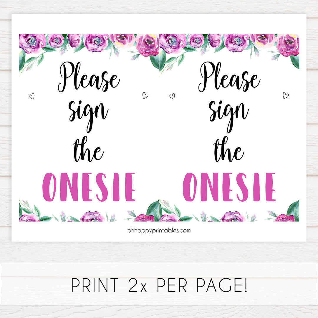 please sign the onesie sign, printable baby shower signs, fun baby shower games, purple peonies baby shower ideas