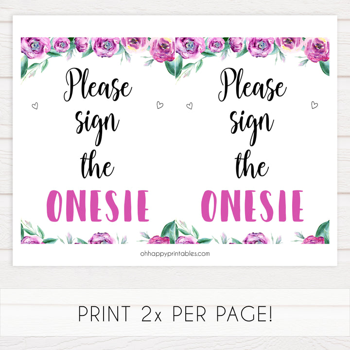 please sign the onesie sign, printable baby shower signs, fun baby shower games, purple peonies baby shower ideas