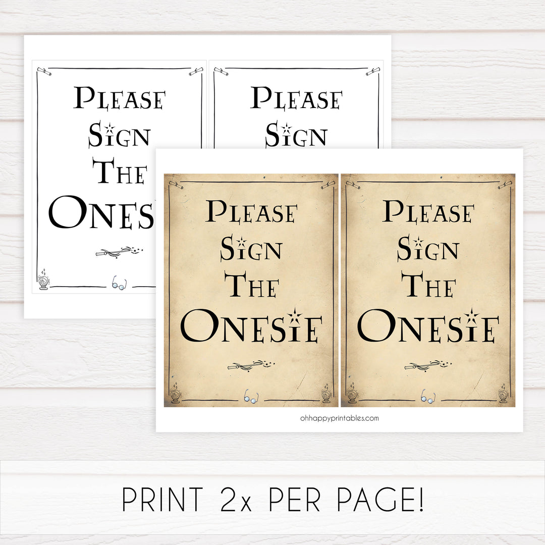 Sign The Onesie Baby Sign, Wizard baby shower signs, printable baby shower decor, Harry Potter baby decor, Harry Potter baby shower ideas, fun baby decor, fun baby signs