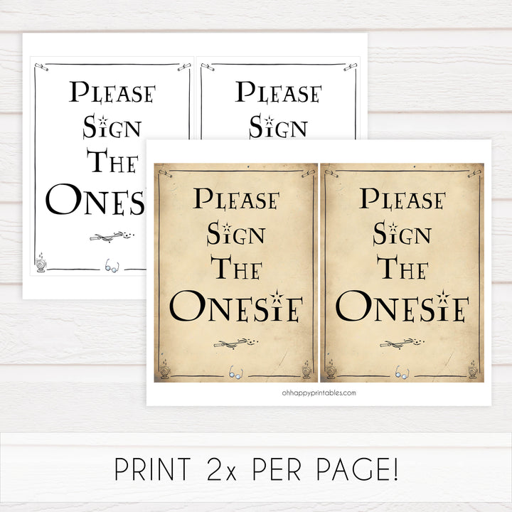 Sign The Onesie Baby Sign, Wizard baby shower signs, printable baby shower decor, Harry Potter baby decor, Harry Potter baby shower ideas, fun baby decor, fun baby signs