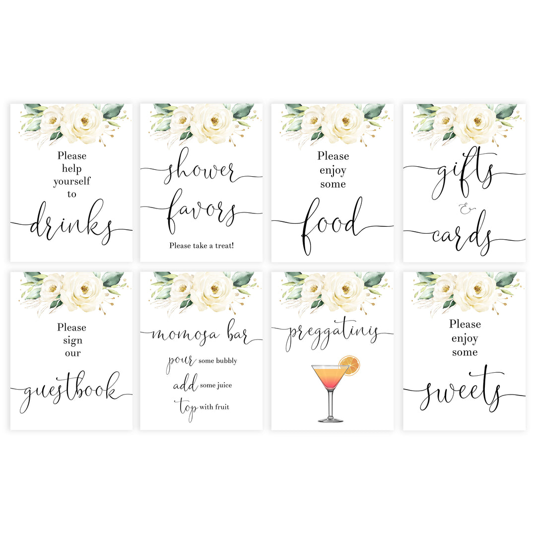 8 baby shower table signs, White floral baby decor, printable baby table signs, printable baby decor, baby safari animals table signs, fun baby signs, baby safari animals fun baby table signs