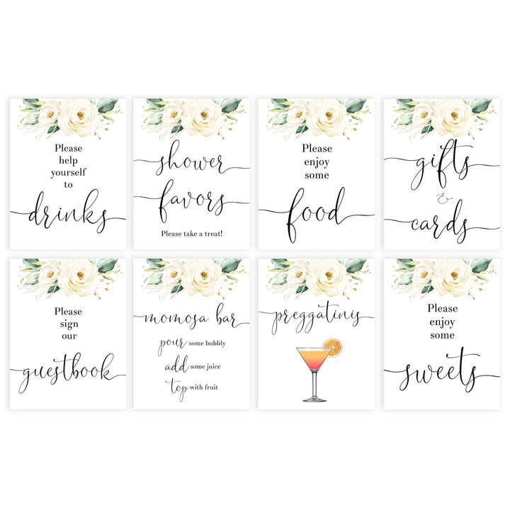 8 baby shower table signs, White floral baby decor, printable baby table signs, printable baby decor, baby safari animals table signs, fun baby signs, baby safari animals fun baby table signs