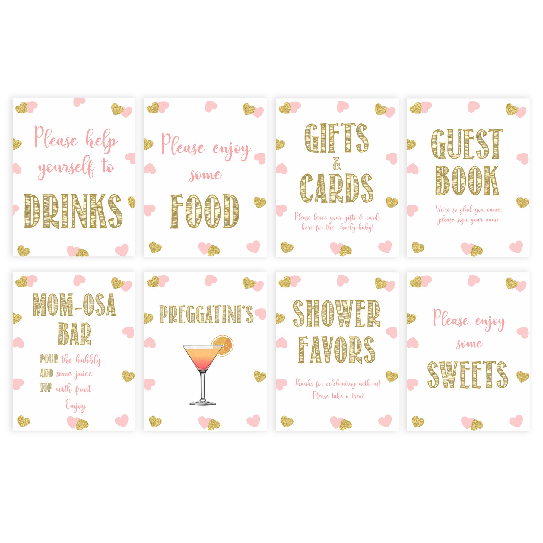 8 baby shower table signs, baby table decor pack, Pink gold hearts baby decor, printable baby table signs, printable baby decor, baby pink gold table signs, fun baby signs, baby pink hearts fun baby table signs
