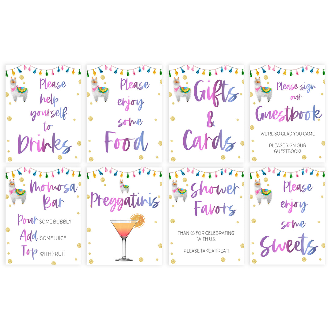 8 baby shower signs, Llama fiesta baby decor, printable baby table signs, printable baby decor, baby llama fiesta table signs, fun baby signs, baby llama fiesta fun baby table signs