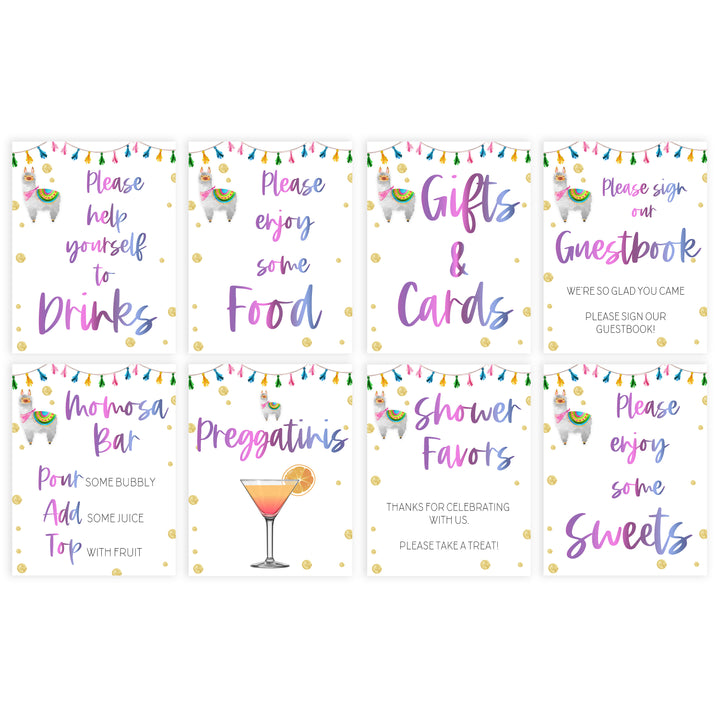 8 baby shower signs, Llama fiesta baby decor, printable baby table signs, printable baby decor, baby llama fiesta table signs, fun baby signs, baby llama fiesta fun baby table signs