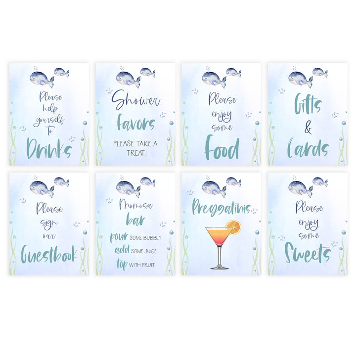 baby shower tables signs pack, Whale baby decor, printable baby table signs, printable baby decor, baby adventure table signs, fun baby signs, baby unicorn fun baby table signs