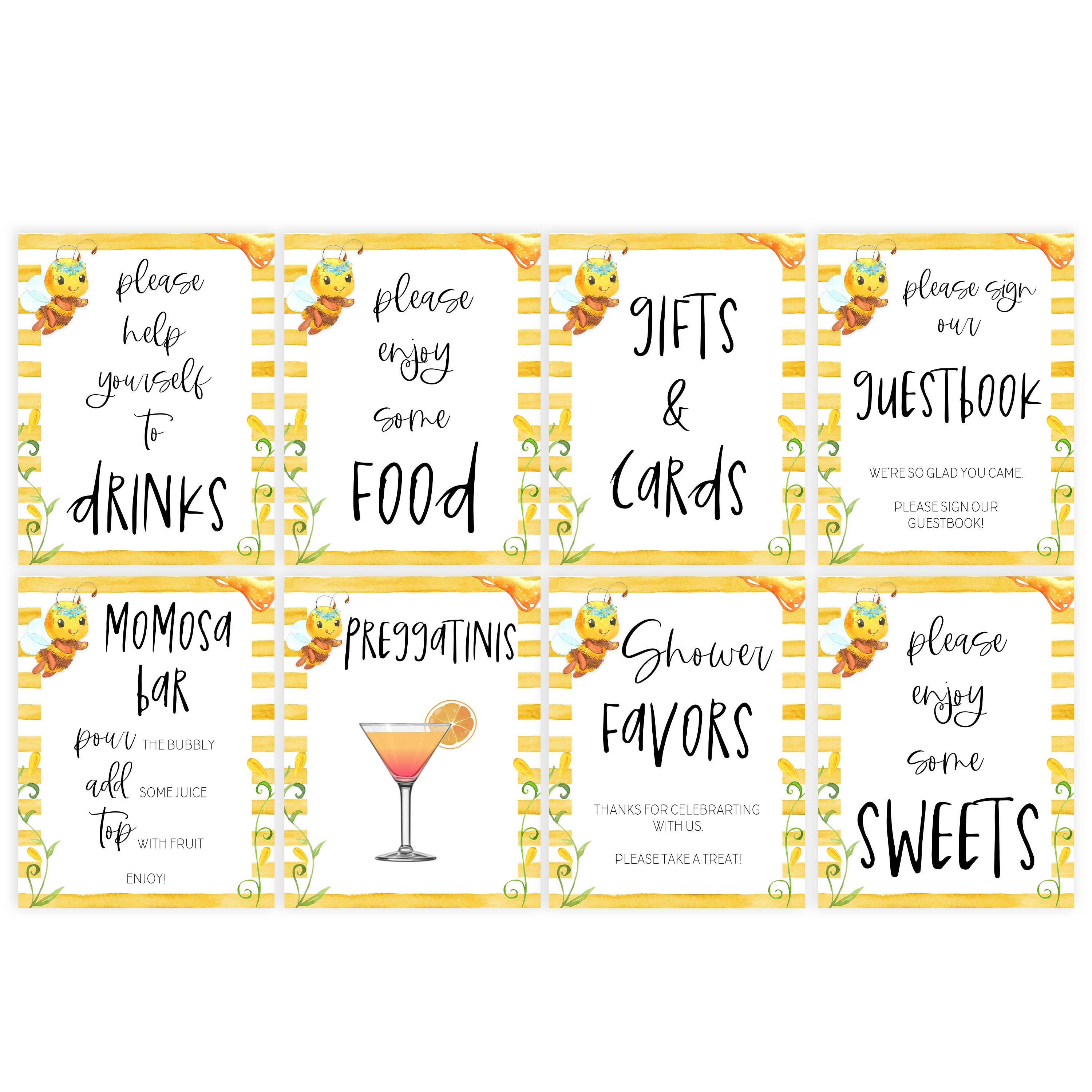8 baby shower games, 8 printable tables signs, Mommy to bee baby decor, printable baby table signs, printable baby decor, mommy bee table signs, fun baby signs, mummy bee fun baby table signs