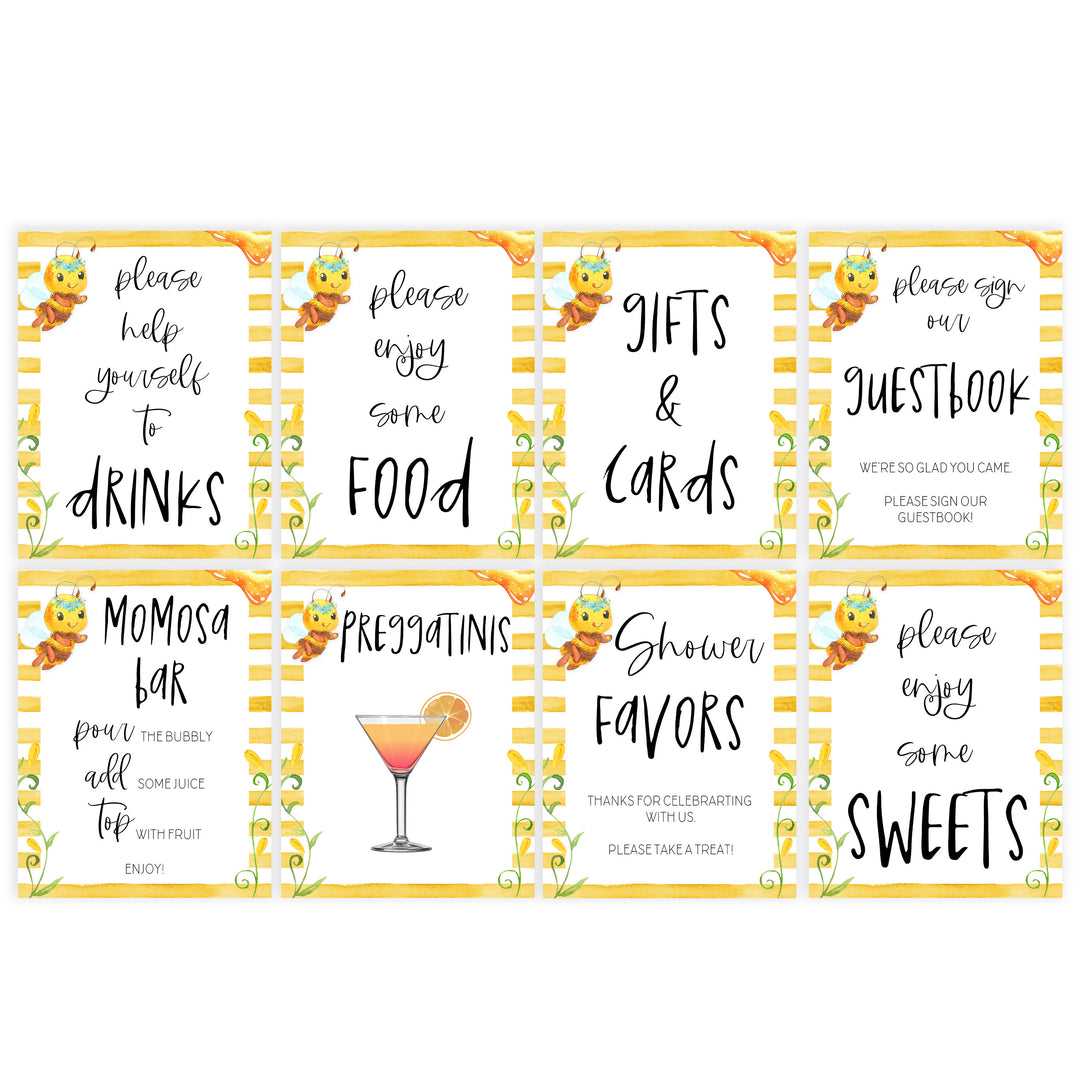8 baby shower games, 8 printable tables signs, Mommy to bee baby decor, printable baby table signs, printable baby decor, mommy bee table signs, fun baby signs, mummy bee fun baby table signs