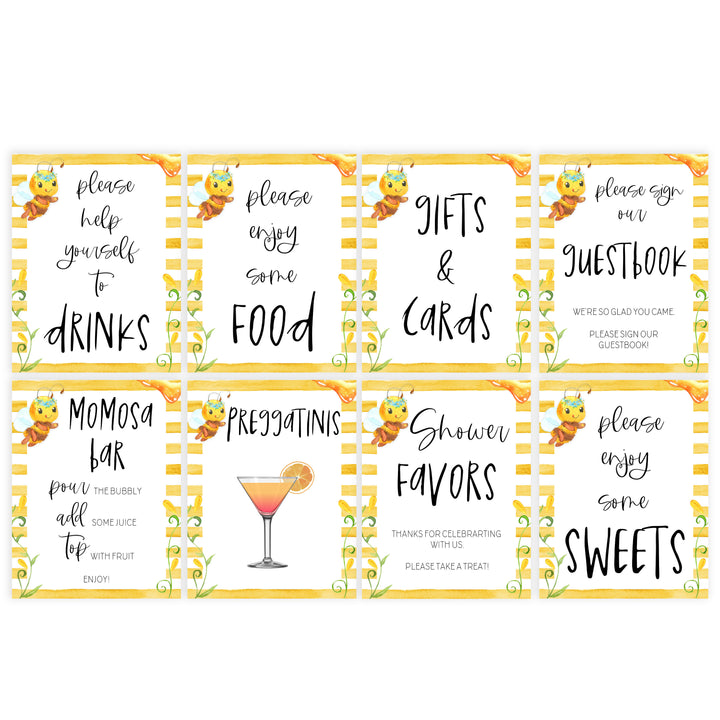 8 baby shower games, 8 printable tables signs, Mommy to bee baby decor, printable baby table signs, printable baby decor, mommy bee table signs, fun baby signs, mummy bee fun baby table signs
