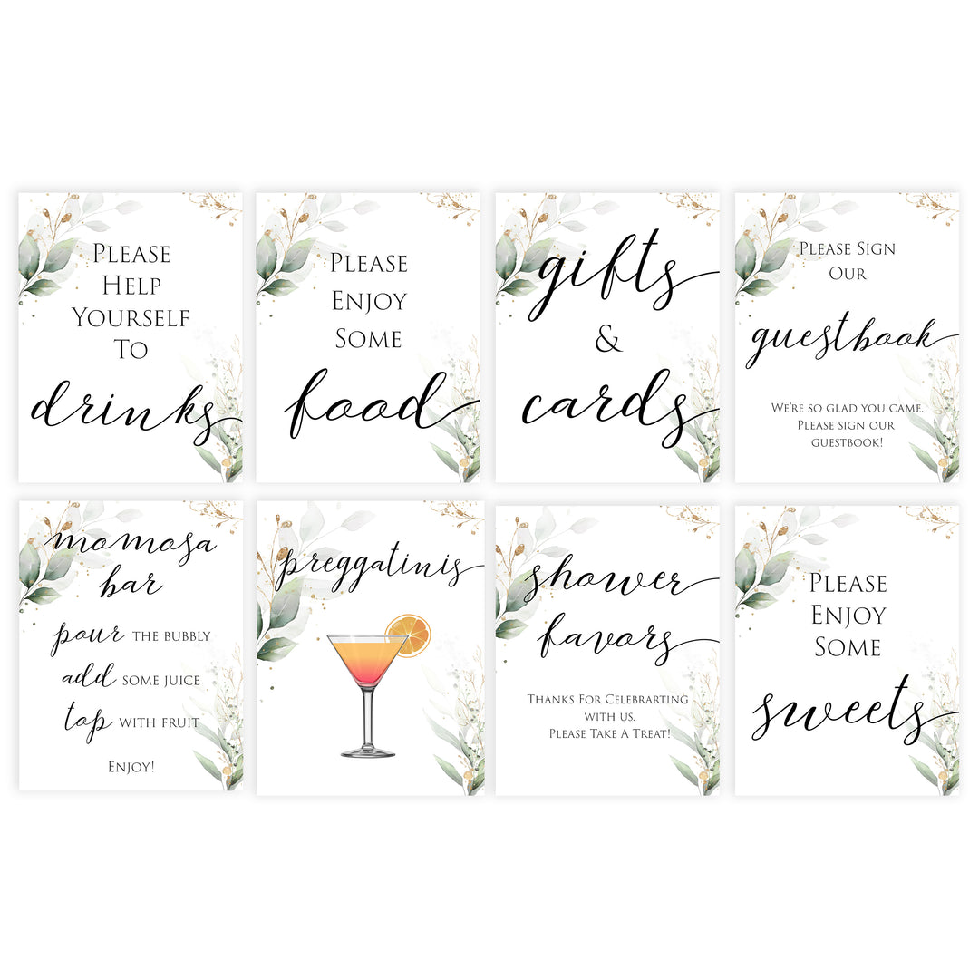 Gold green leaf baby signs, baby signs bundle, printable baby shower decor, fun baby signs, top baby games to play, gold leaf baby shower decor, greenery baby shower ideas