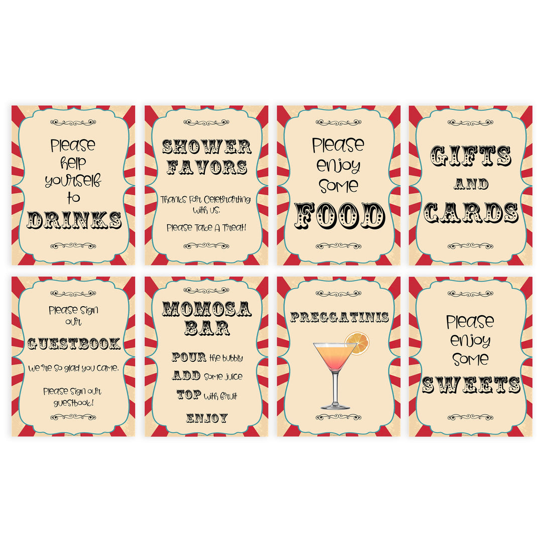 8 baby shower table signs, carnival baby decor, Circus baby decor, printable baby table signs, printable baby decor, carnival table signs, fun baby signs, circus fun baby table signs