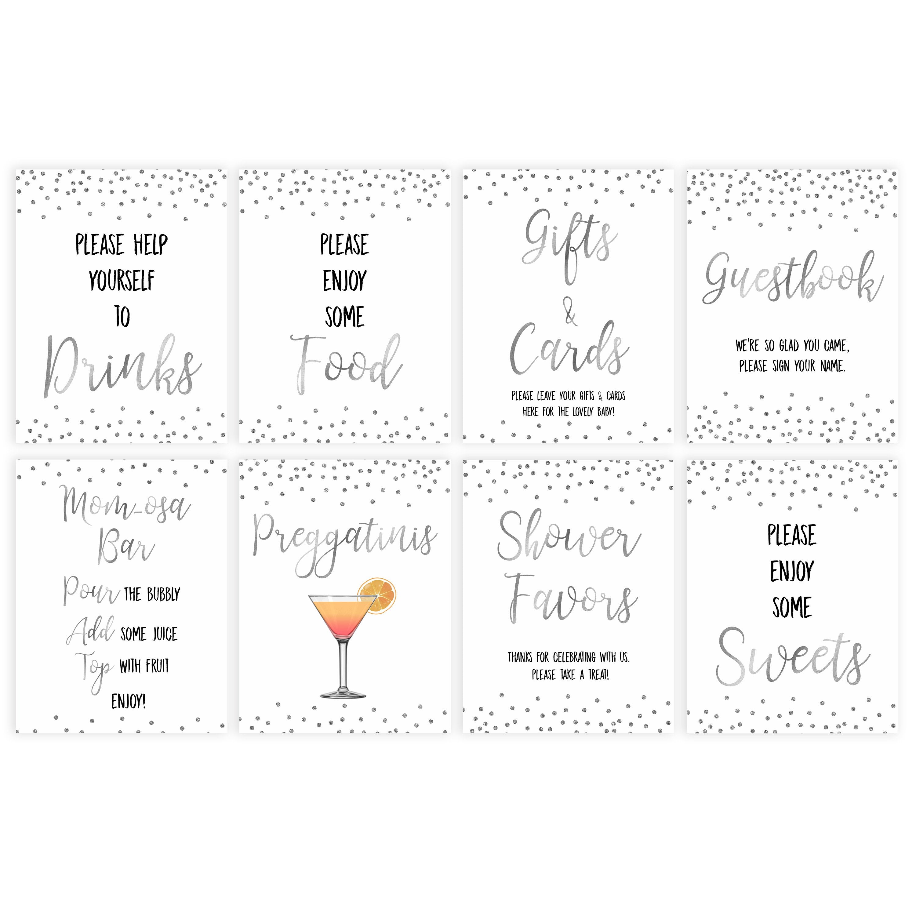 8 baby shower signs, baby table signs bundle, Baby silver glitter baby decor, printable baby table signs, printable baby decor, baby silver glitter table signs, fun baby signs, baby silver fun baby table signs