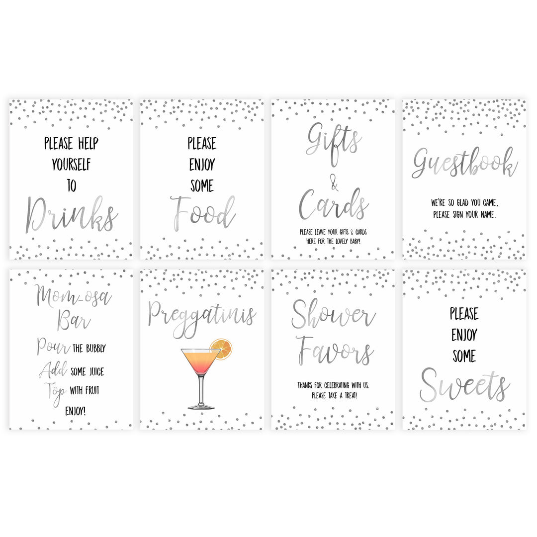 8 baby shower signs, baby table signs bundle, Baby silver glitter baby decor, printable baby table signs, printable baby decor, baby silver glitter table signs, fun baby signs, baby silver fun baby table signs