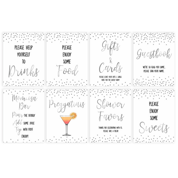 8 baby shower signs, baby table signs bundle, Baby silver glitter baby decor, printable baby table signs, printable baby decor, baby silver glitter table signs, fun baby signs, baby silver fun baby table signs