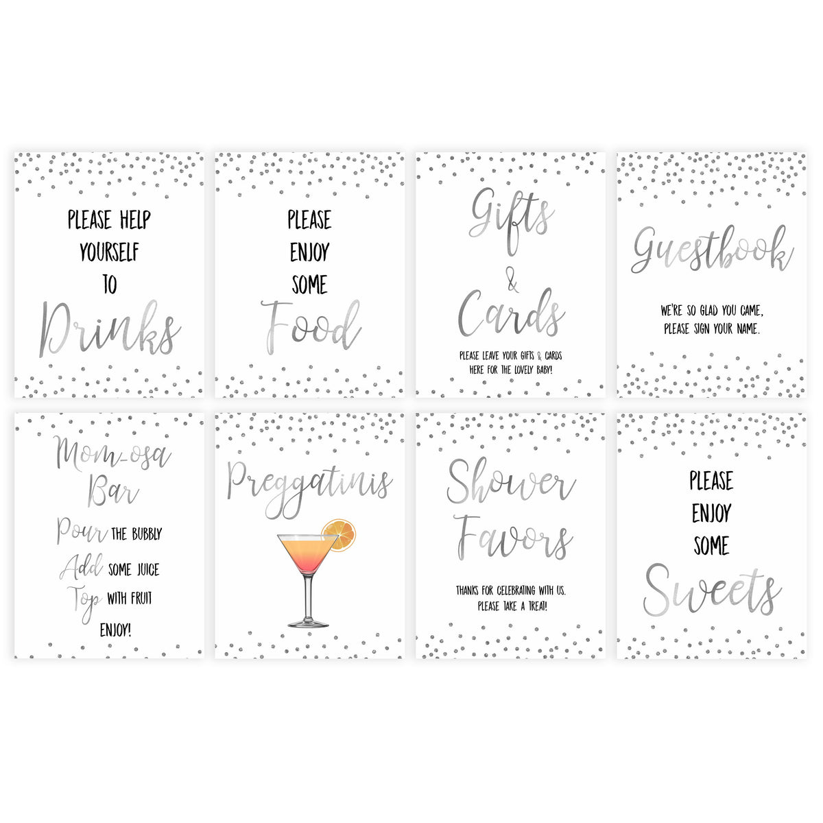 8 baby shower signs, baby table signs bundle, Baby silver glitter baby decor, printable baby table signs, printable baby decor, baby silver glitter table signs, fun baby signs, baby silver fun baby table signs