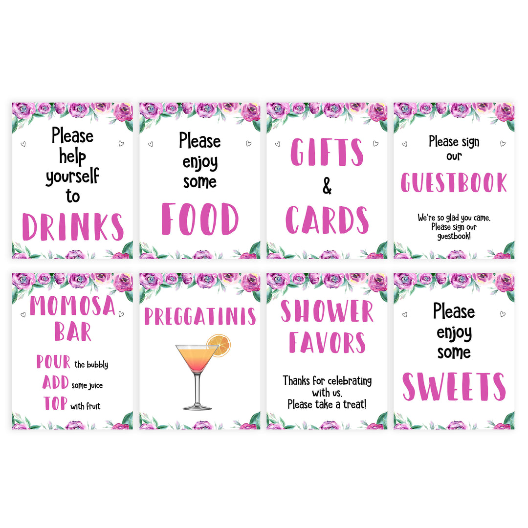 8 baby shower signs pack, printable baby shower signs decor, purple peonies baby shower sign pack, fun baby shower ideas