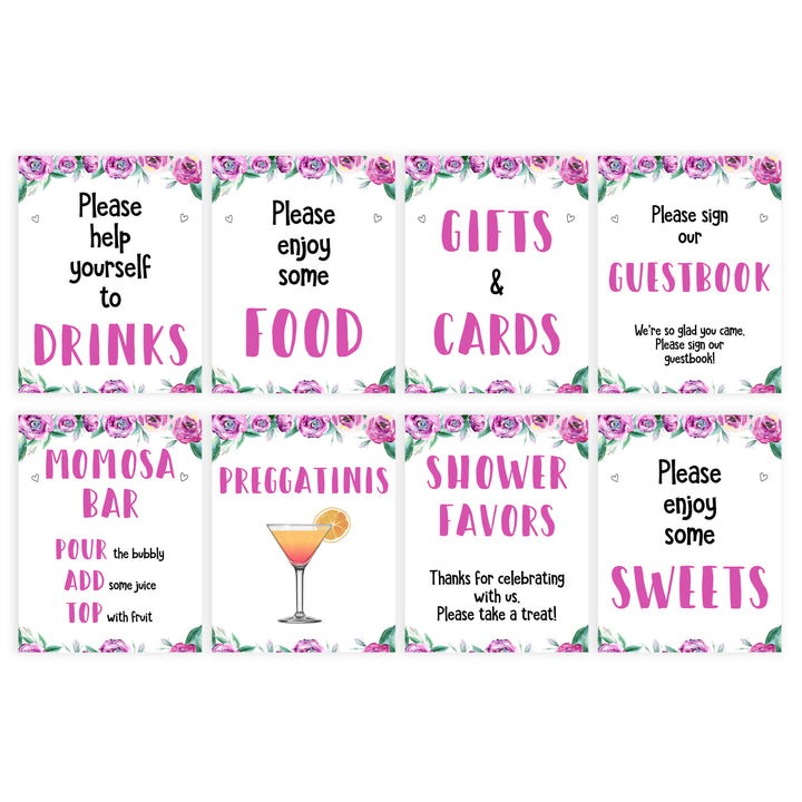 8 baby shower signs pack, printable baby shower signs decor, purple peonies baby shower sign pack, fun baby shower ideas