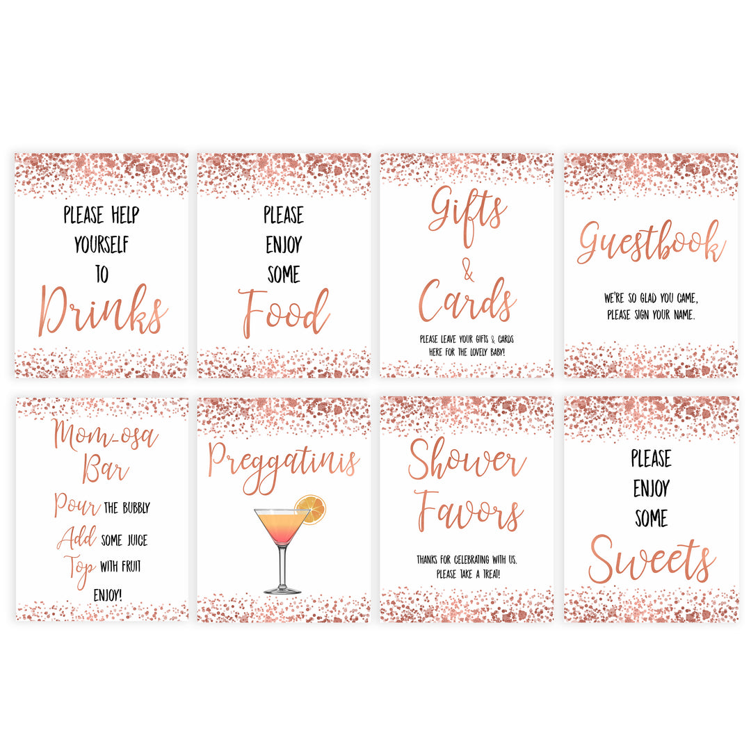 8 table signs, 8 printable baby table signs, Rose gold baby decor, printable baby table signs, printable baby decor, rose gold table signs, fun baby signs, rose gold fun baby table signs