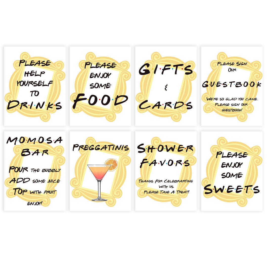 8 Table Signs Pack, Friends baby decor, printable baby table signs, printable baby decor, friends table signs, fun baby signs, friends fun baby table signs