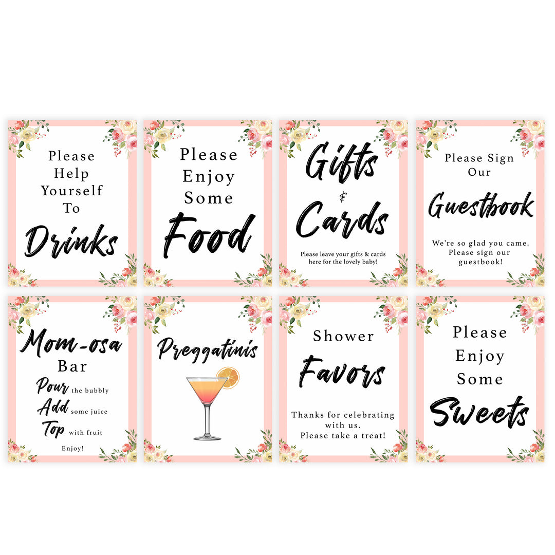 8 baby shower table signs, baby shower table decor, Spring floral baby decor, printable baby table signs, printable baby decor, floral table signs, fun baby signs, fun baby table signs
