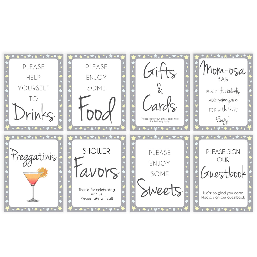 grey and yellow stars baby signs, printable baby signs pack, stars baby shower, printable baby decor, fun baby signs, printable baby decor