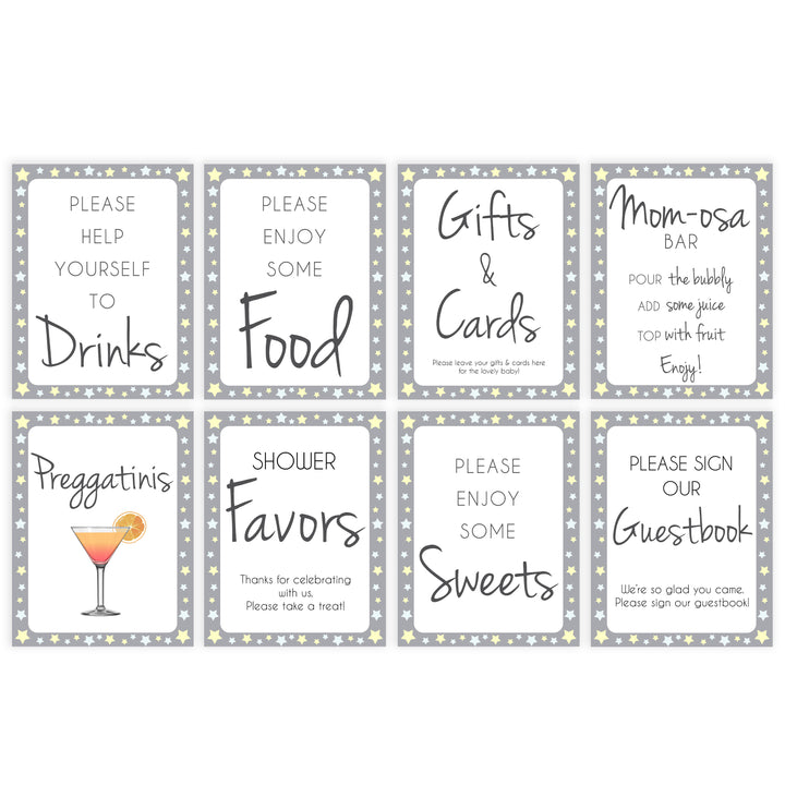 grey and yellow stars baby signs, printable baby signs pack, stars baby shower, printable baby decor, fun baby signs, printable baby decor