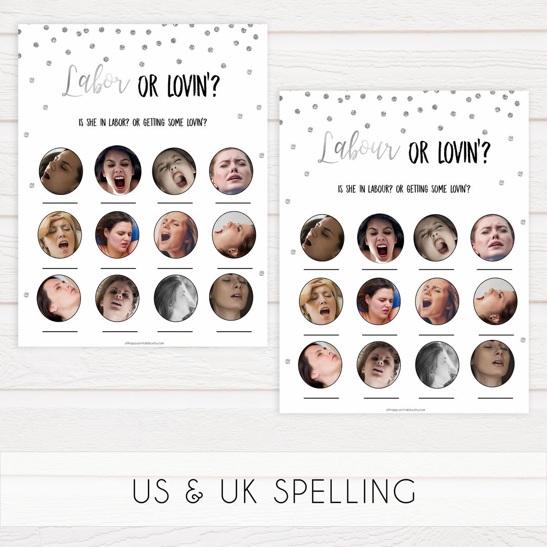labor or lovin, labor or porn game, Printable baby shower games, baby silver glitter fun baby games, baby shower games, fun baby shower ideas, top baby shower ideas, silver glitter shower baby shower, friends baby shower ideas