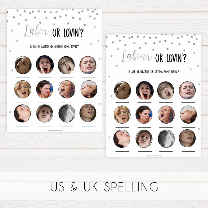 labor or lovin, labor or porn game, Printable baby shower games, baby silver glitter fun baby games, baby shower games, fun baby shower ideas, top baby shower ideas, silver glitter shower baby shower, friends baby shower ideas