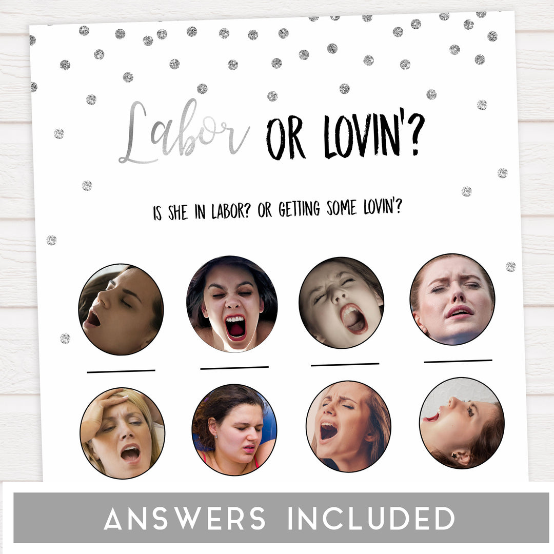 labor or lovin, labor or porn game, Printable baby shower games, baby silver glitter fun baby games, baby shower games, fun baby shower ideas, top baby shower ideas, silver glitter shower baby shower, friends baby shower ideas