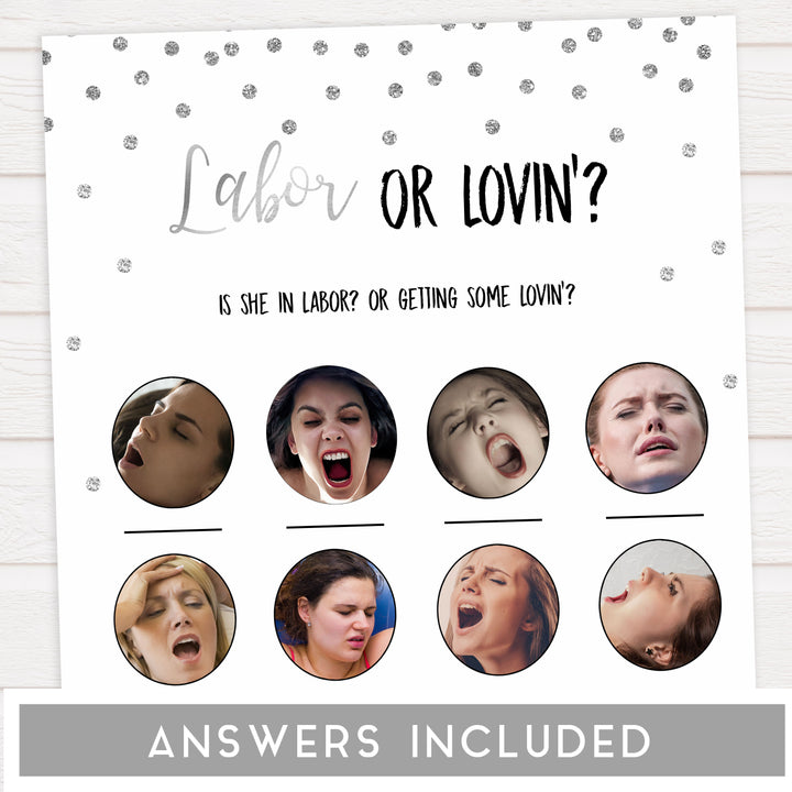 labor or lovin, labor or porn game, Printable baby shower games, baby silver glitter fun baby games, baby shower games, fun baby shower ideas, top baby shower ideas, silver glitter shower baby shower, friends baby shower ideas