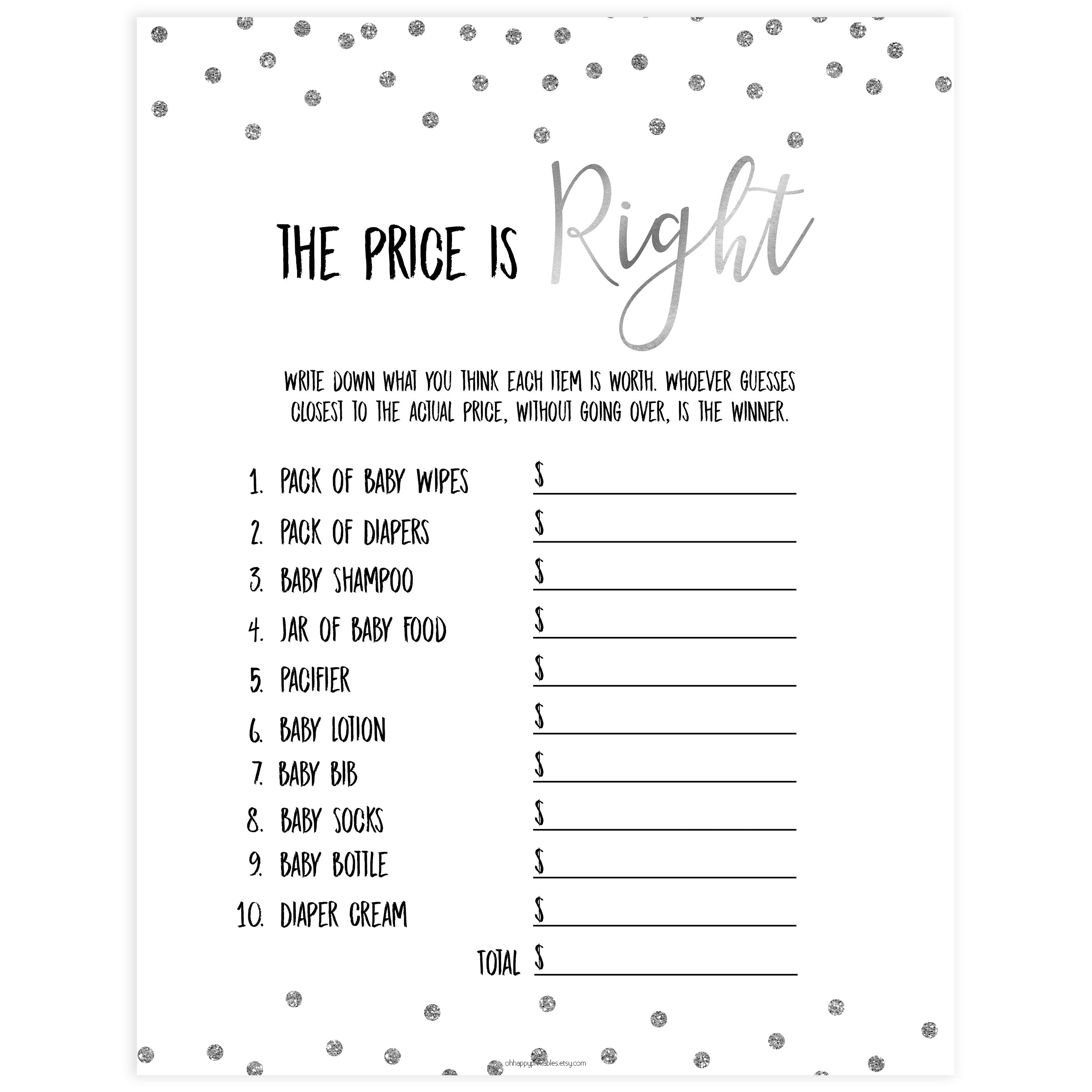 the price is right game, baby price is right, Printable baby shower games, baby silver glitter fun baby games, baby shower games, fun baby shower ideas, top baby shower ideas, silver glitter shower baby shower, friends baby shower ideas
