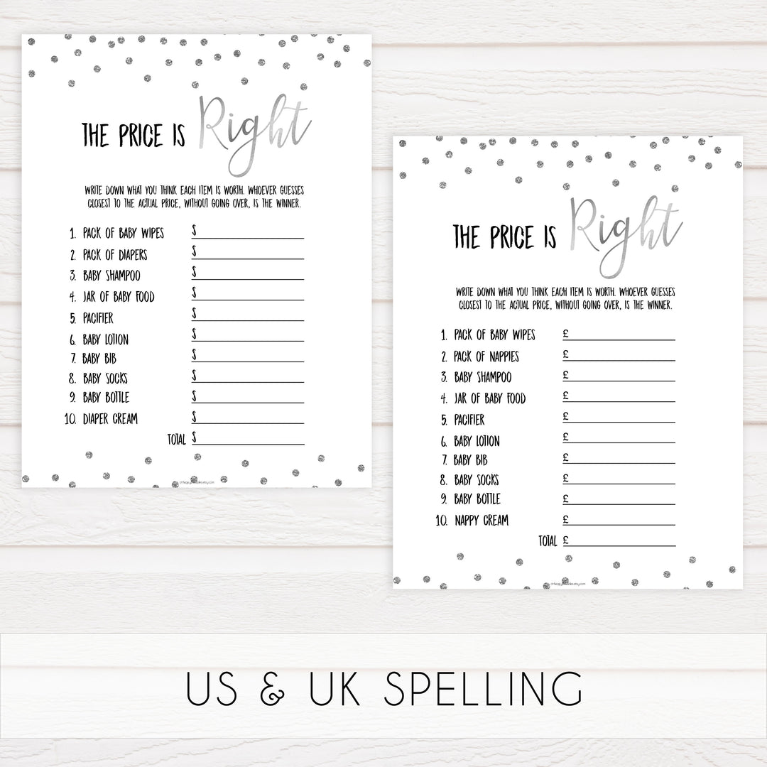 the price is right game, baby price is right, Printable baby shower games, baby silver glitter fun baby games, baby shower games, fun baby shower ideas, top baby shower ideas, silver glitter shower baby shower, friends baby shower ideas
