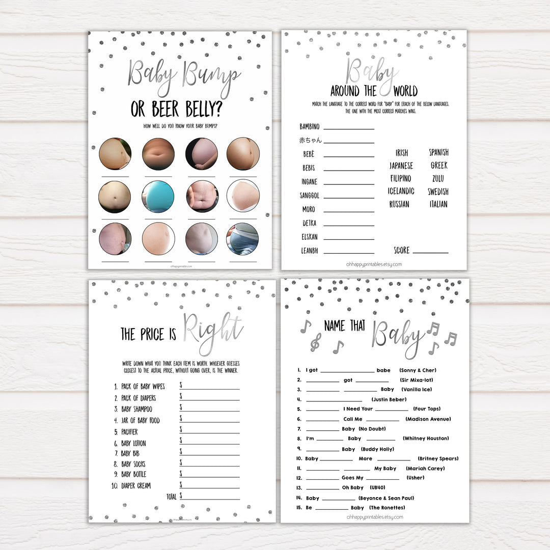 silver glitter baby shower games, printable baby shower games, silver baby games, baby shower games, fun baby shower games