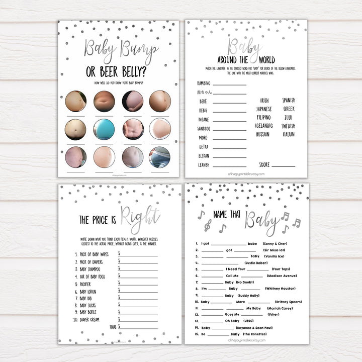silver glitter baby shower games, printable baby shower games, silver baby games, baby shower games, fun baby shower games