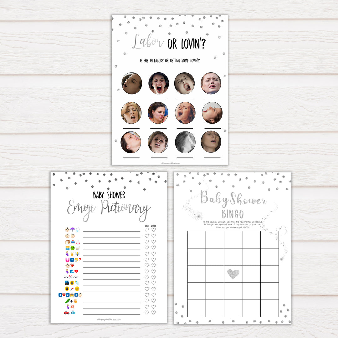 silver glitter baby shower games, printable baby shower games, silver baby games, baby shower games, fun baby shower games