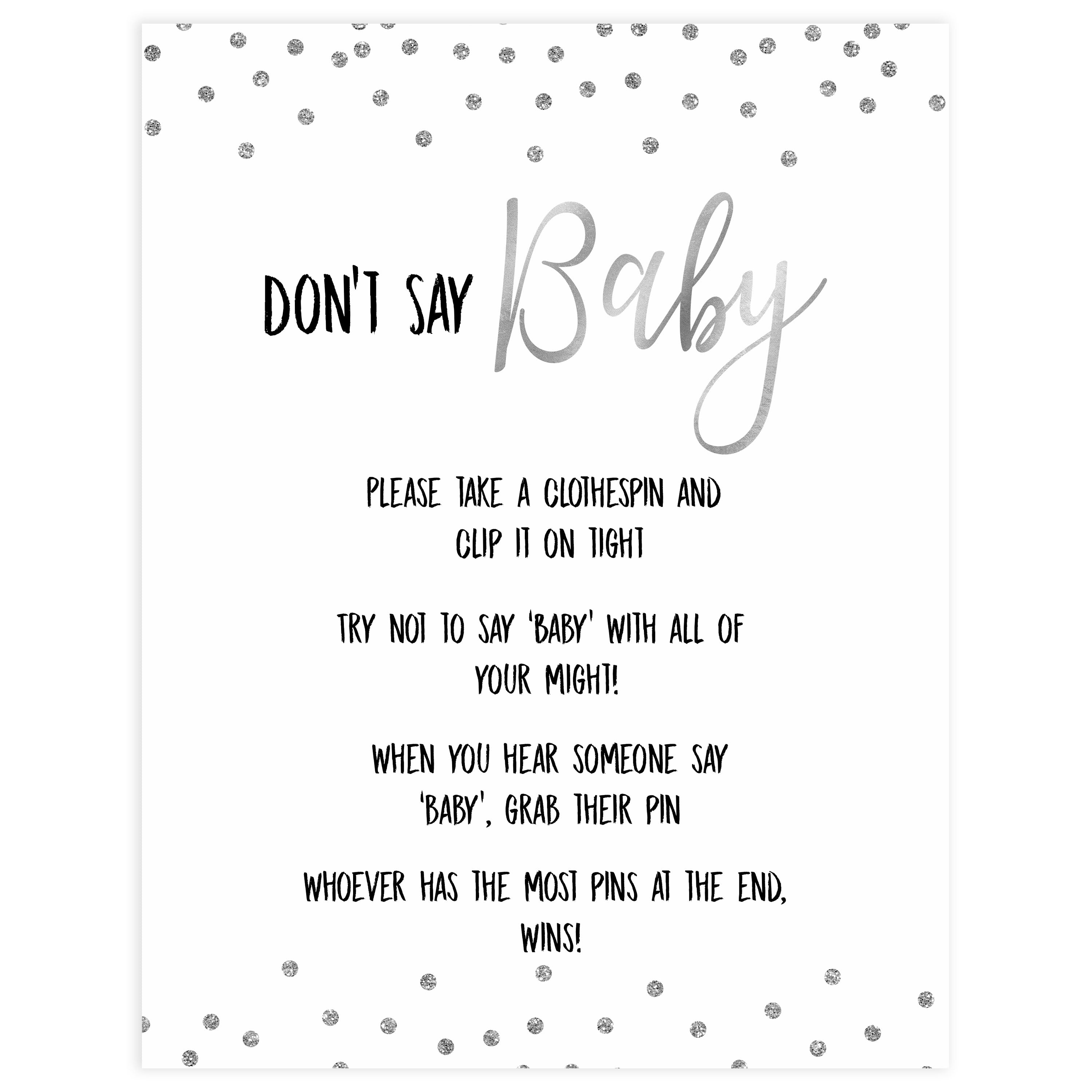 dont say baby game, Printable baby shower games, baby silver glitter fun baby games, baby shower games, fun baby shower ideas, top baby shower ideas, silver glitter shower baby shower, friends baby shower ideas
