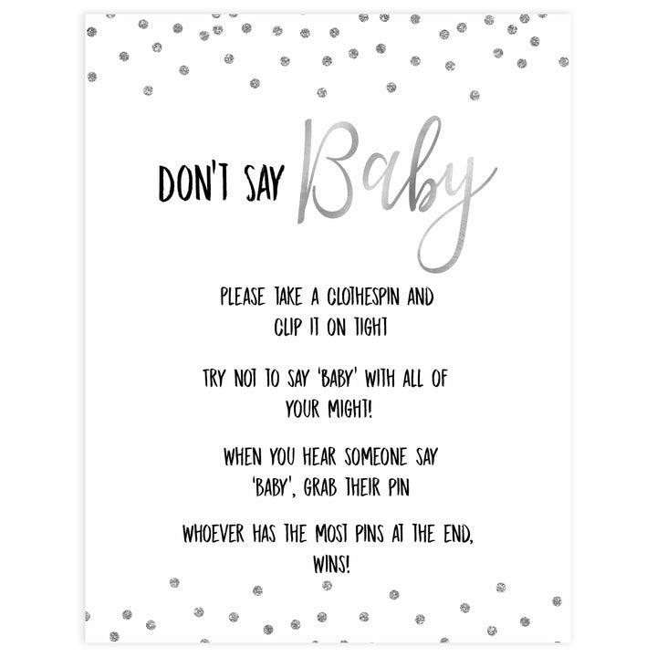 dont say baby game, Printable baby shower games, baby silver glitter fun baby games, baby shower games, fun baby shower ideas, top baby shower ideas, silver glitter shower baby shower, friends baby shower ideas