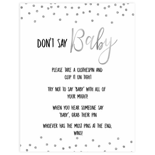 dont say baby game, Printable baby shower games, baby silver glitter fun baby games, baby shower games, fun baby shower ideas, top baby shower ideas, silver glitter shower baby shower, friends baby shower ideas