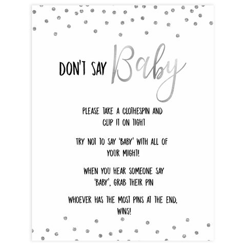 dont say baby game, Printable baby shower games, baby silver glitter fun baby games, baby shower games, fun baby shower ideas, top baby shower ideas, silver glitter shower baby shower, friends baby shower ideas